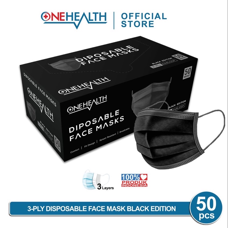 Onehealth Masker Black Edition Face Mask 3ply isi 50 pcs