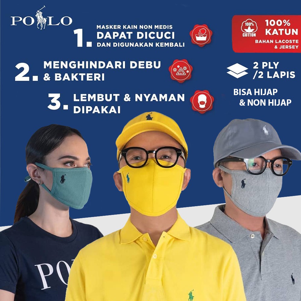 Masker Kain POLO Original non Medis Bahan Katun Lacoste 2 Ply Headloop/Hijap dan Earloop