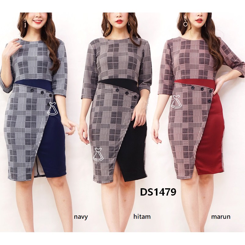 DS1479 - DRESS PESTA MOTIF FLANEL MIDI DRESS KANTOR WANITA MODERN MURAH