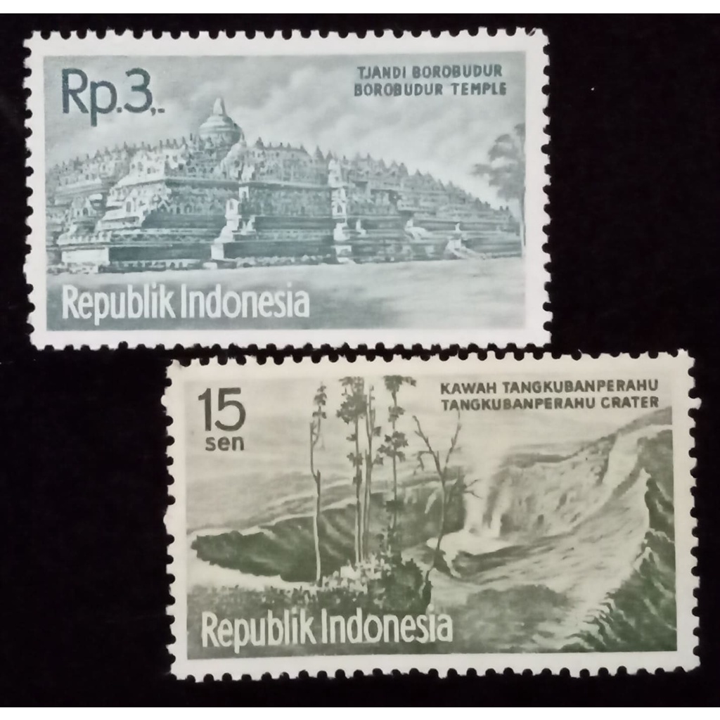 Perangko Indonesia Rp.3,- & 15 Sen Tjandi Borobudur & Kawah Tangkuban Perahu