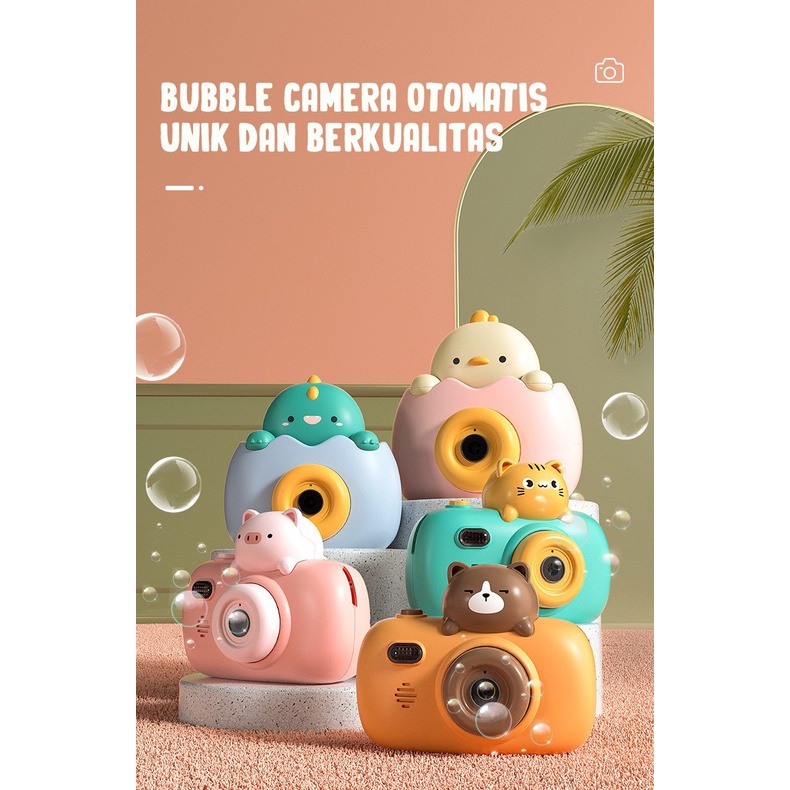 mainan bubble camera animals with refill + light + music + tali