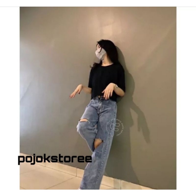 HIGHWAIST KULOT JEANS SOBEK LUTUT LOOSE WANITA SNOW JEANS DENIM CELANA KULOT SOBEK BOYFRIEND RIPPED 