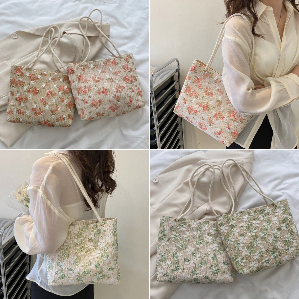 DBCOL Tas Tote Wanita Bahan Anyam Jerami Motif Lace Pita/Totebag Fashion Korea Motif Lace Pita Impor