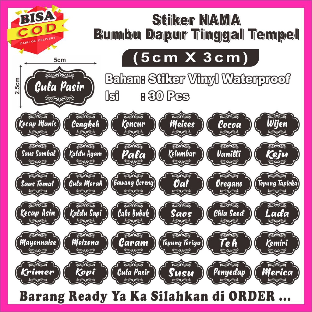 

(ISI 30PCS) STIKER LABEL NAMA BUMBU DAPUR 3X5CM (READY STOK)