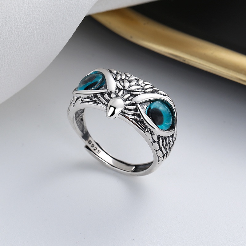 Cincin Desain Burung Hantu Mata Biru Gaya Harajuku