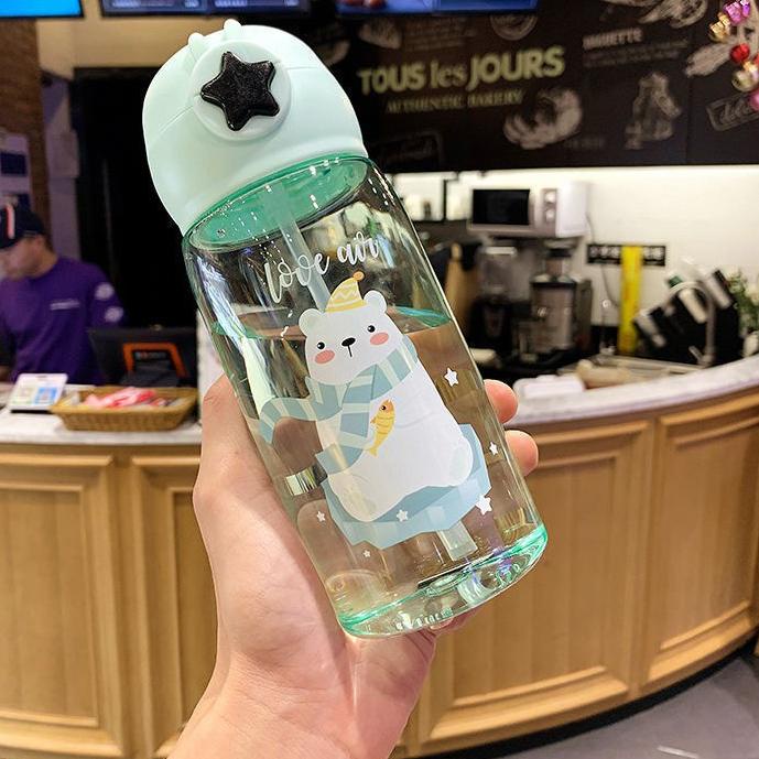 Grosir Terbaru ELFYDO - BTL004 Botol Air Minum Anak Lucu Transparan Botol Minum Tutup Flip Sedotan M