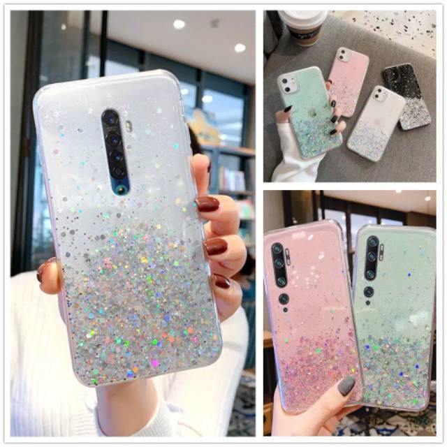 0299 VVV case OPPO RENO 2 2F 3 A91 F15  A5 A9 2020 Soft case silikon glitter pop socket bening
