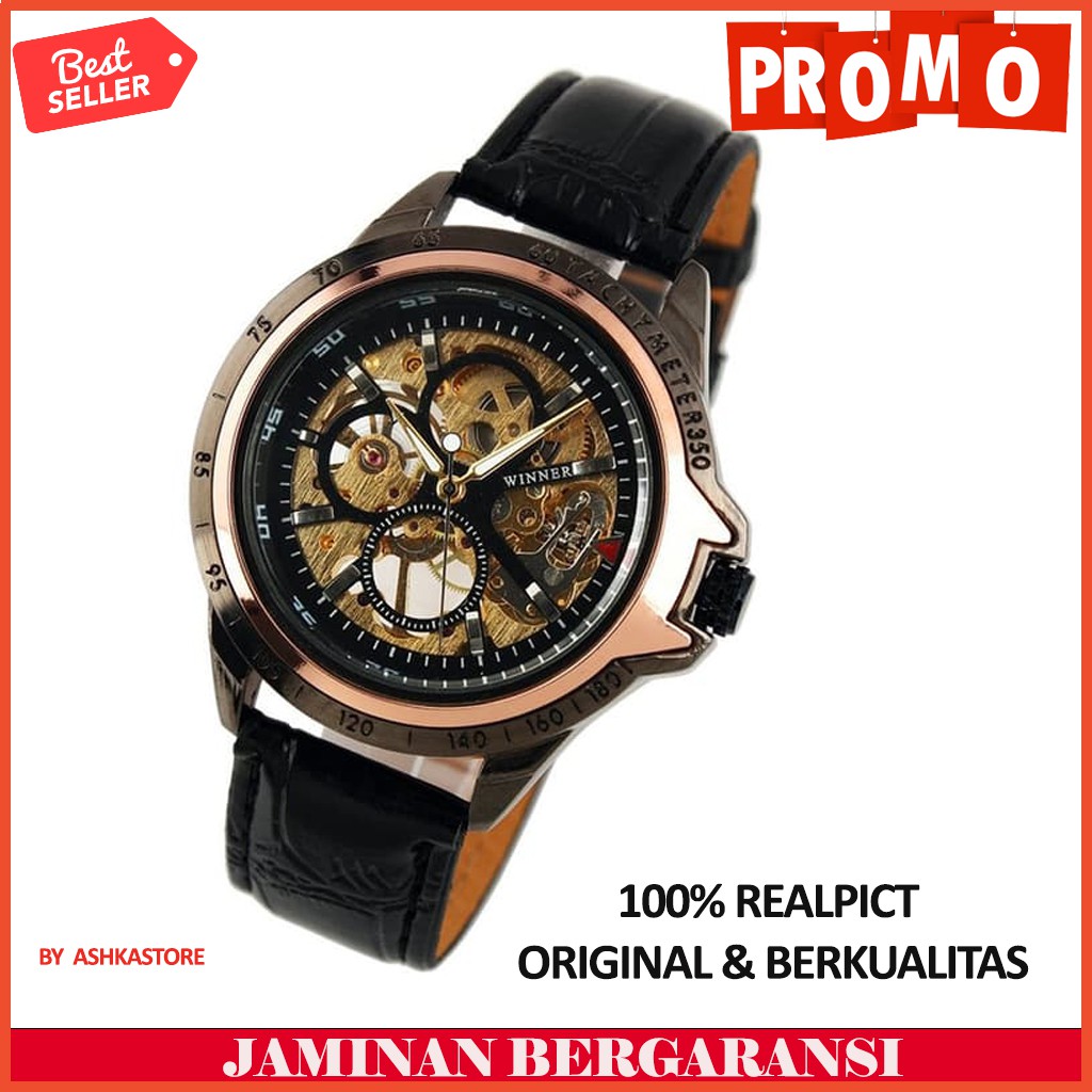 jam tangan pria ESS Skeleton Leather Strap Automatic Mechanical Watch - WM267 NEW ARRIVAL PROMO