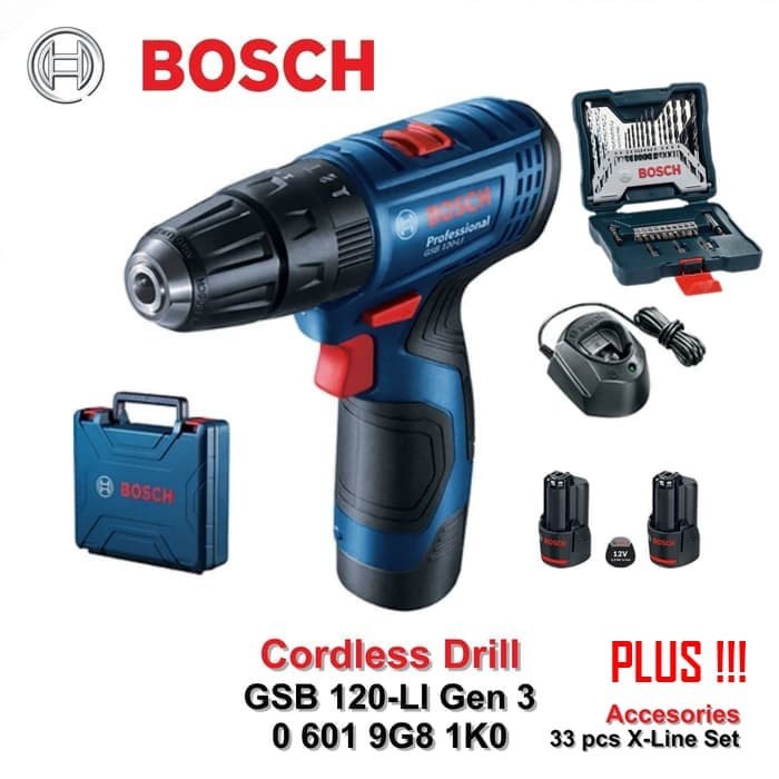 Bosch Bor Tembok Baterai dengan Mata Bor 33 X-Line Set GSB 120-LI GEN3