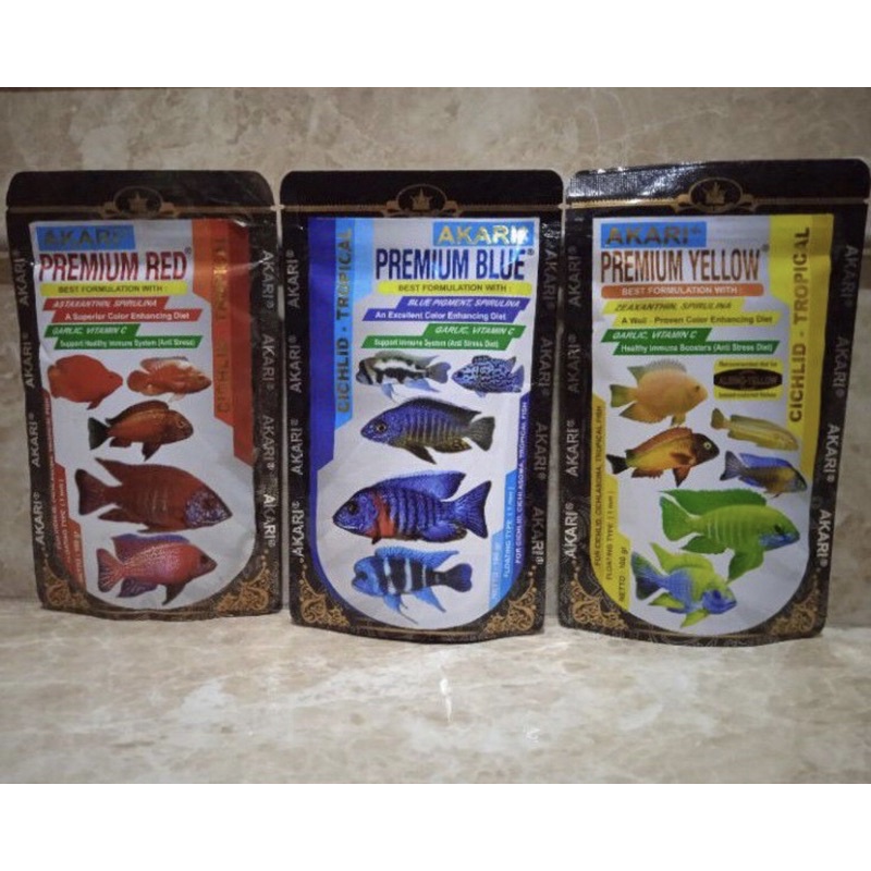 Pakan Ikan Cichlid, Oscar, Parrot Pelet Akari Premium Blue - Yellow - Red 1mm 10GR