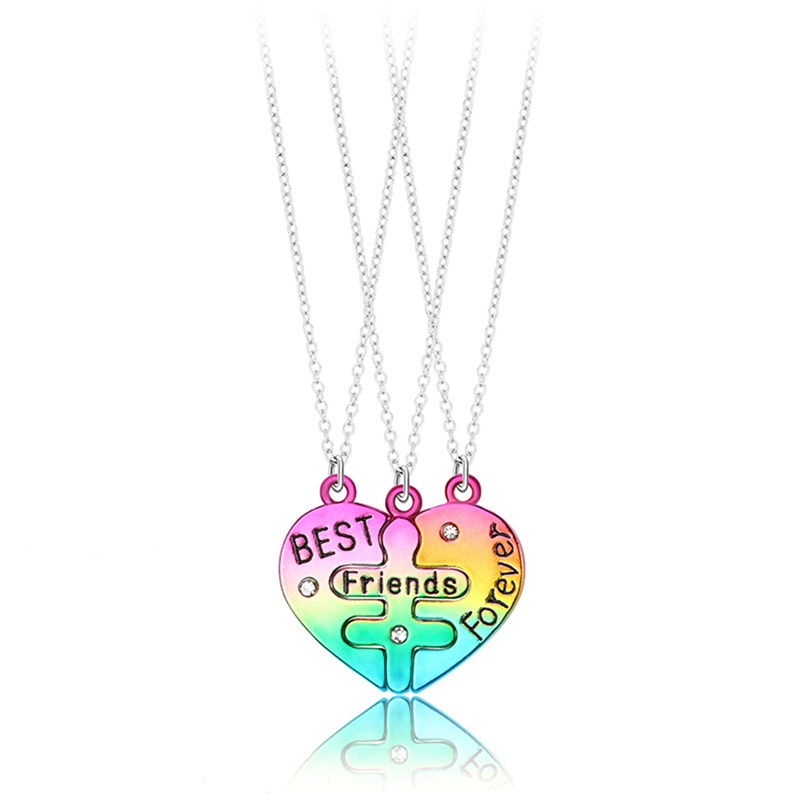 3pcs / Set Kalung Persahabatan Bentuk Hati Motif Tulisan Best Friend Forever Warna-Warni