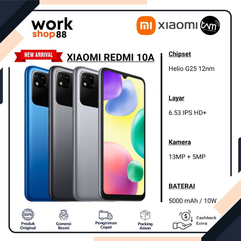 HP Terbaru Xiaomi Redmi 10A ( Ram Up 5GB ) 4GB+1GB Extended Rom 64GB - New Original Garansi Resmi TA