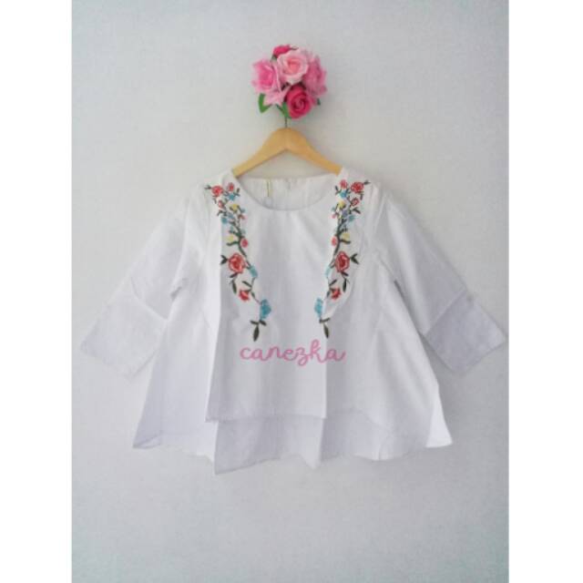 ZARA BORDIR - atasan katun putih motif bunga bordir