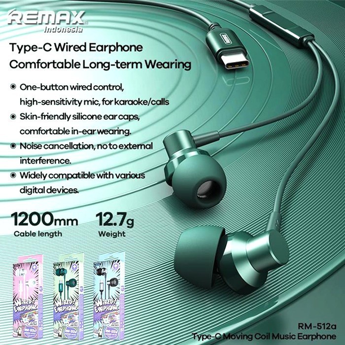 Remax Metal Wired Earphone Type a For TypeC Cable RM 512a