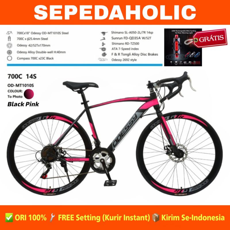 Sepeda Balap Roadbike ODESSY MT 1010S 700C Steel 14 Speed Rem Cakram-Black Pink