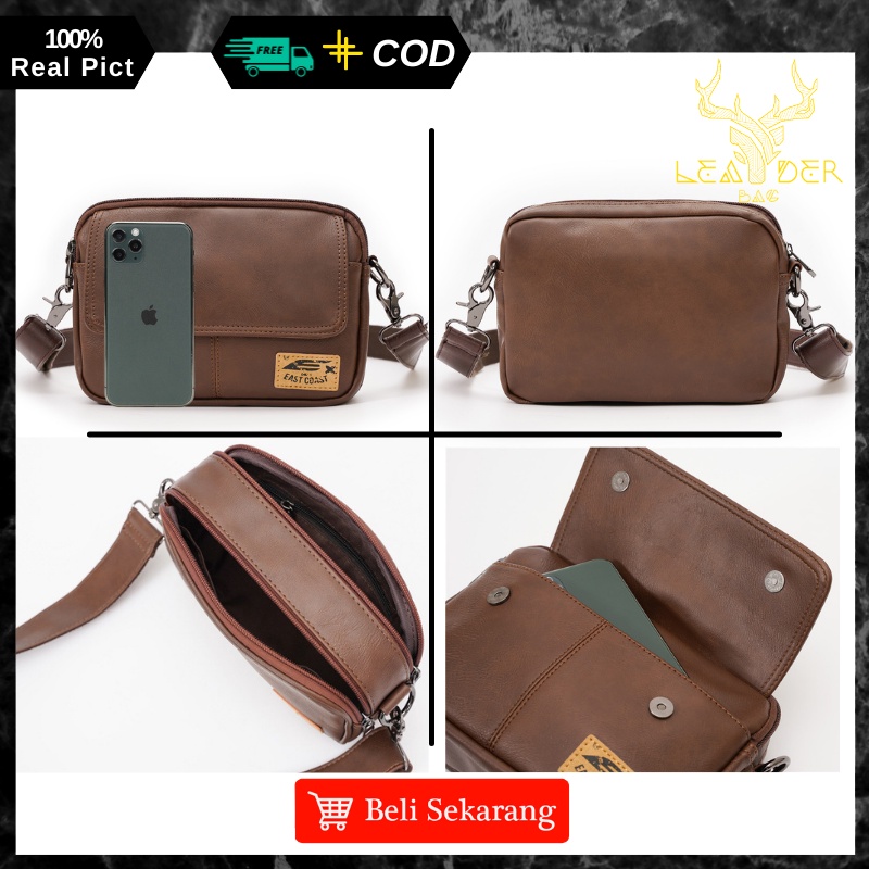 Tas Selempang Kerja Kulit Pria Import Original Model Terbaru Warna Coklat Waterproof | Tas Kecil Slingbag Messenger Kulit Cowok Ori Distro Keren Anti Air 2022 PAULSKY B63