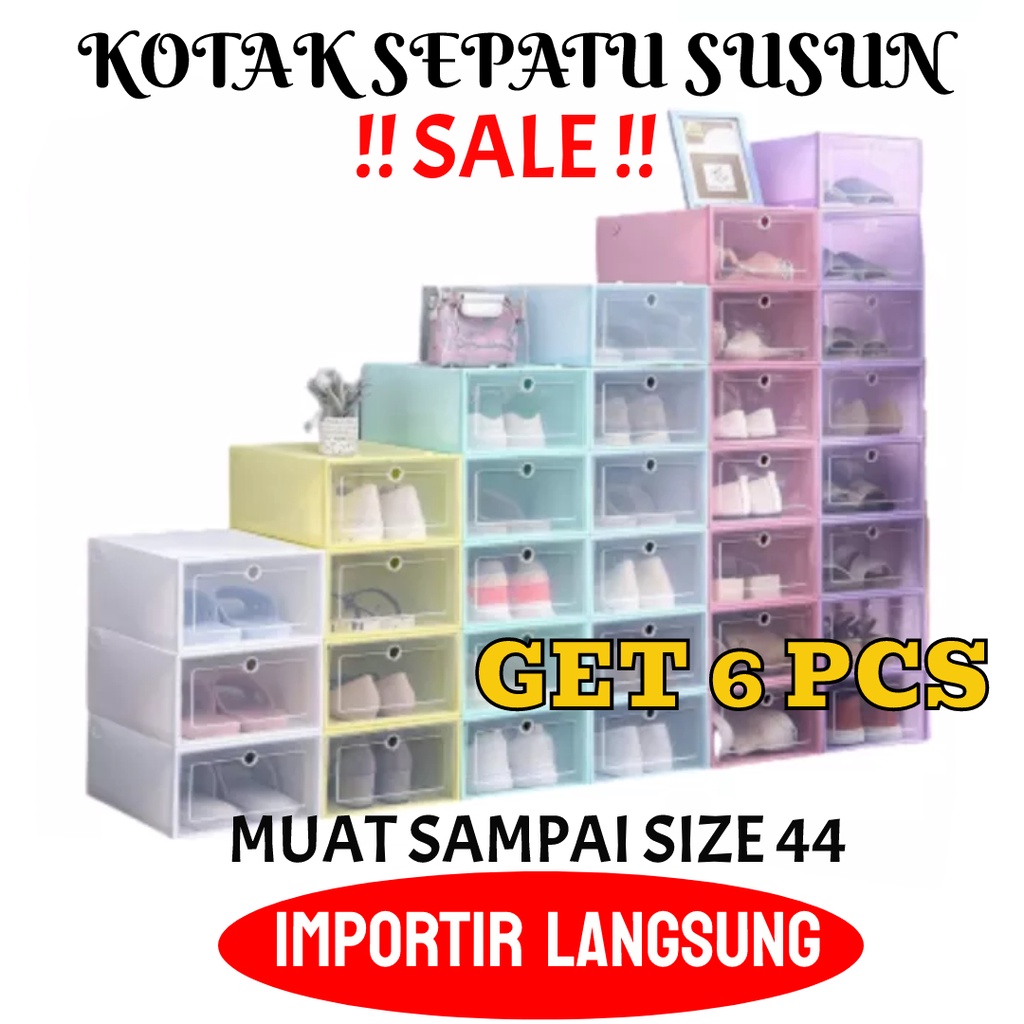 6PC Kotak Sepatu Transparan Tebal Shoes Box Tempat Penyimpanan Rak Susun