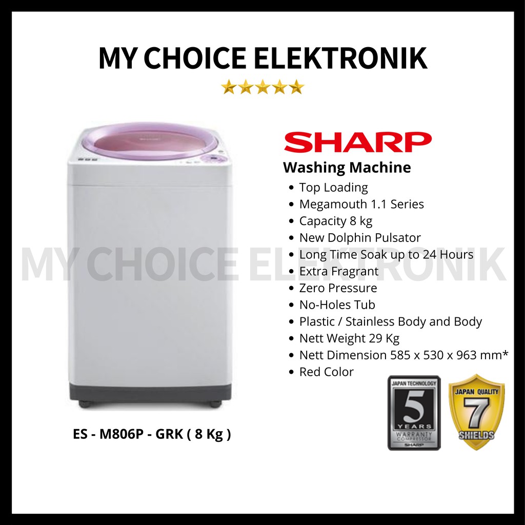 SHARP Mesin Cuci  8Kg ES-M806P-GRK