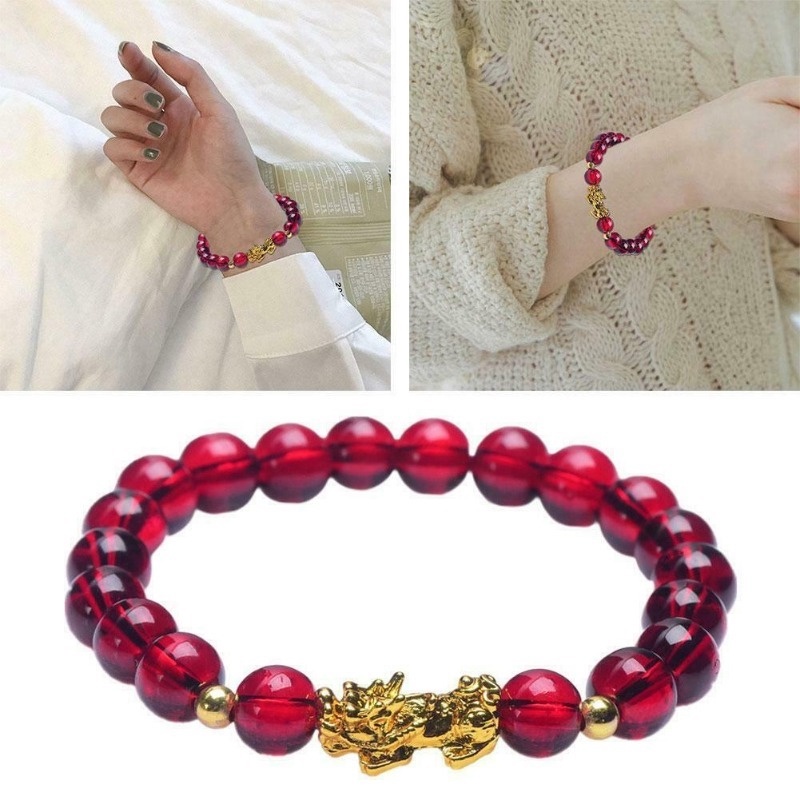 Red Lucky Bracelet Glazed Stone Beaded PIXIU Gold Charm Bracelet for Women Men Wealth Jewelry