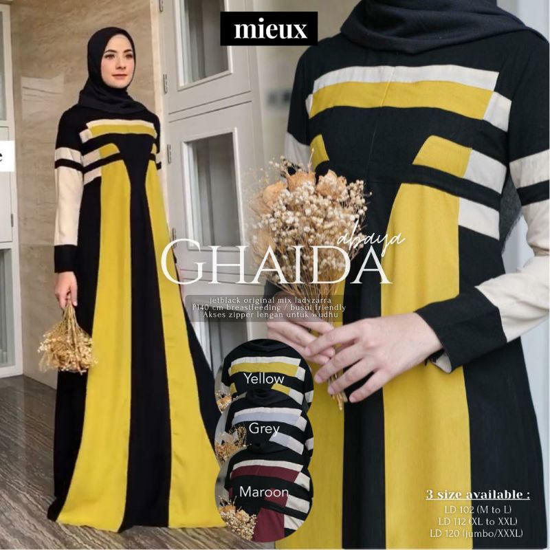 SALE RAMADHAN Gamis Mieux Jumbo LD 120 Original by mieux Gamis Turkey Jetblack Madina / CITRA KIRANA / GHAIDA / MUMTAZ  GAMIS MEWAH | GAMIS MEWAH JUMBO | GAMIS PESTA MEWAH ELEGAN | GAMIS BAHAN JETBLACK | GAMIS JETBLACK PREMIUM | ABAYA JETBLACK PREMIUM-Ghaida Yellow
