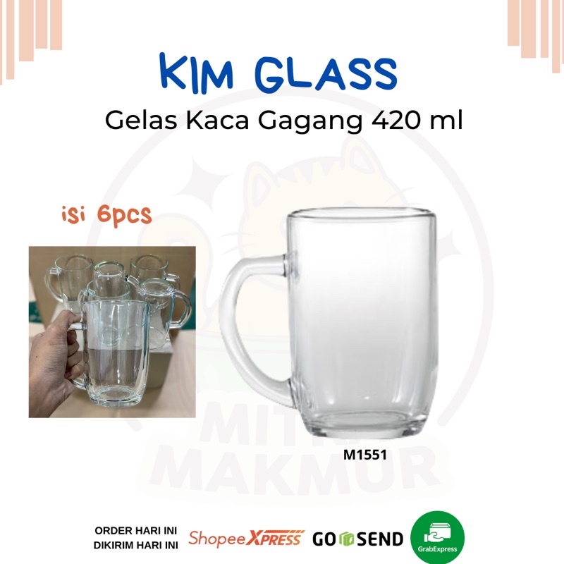 KIM GLASS - Gelas Gagang Kaca Gelas Air Minum 420 ml M1551 Gelas Teh Gendut @6 Pcs