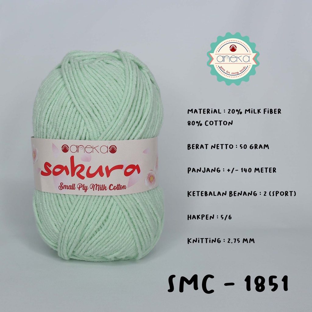 Benang Rajut Katun Susu 4 Ply / Sakura SMALL PLY Milk Cotton Yarn - 1851 (Hijau Mint)