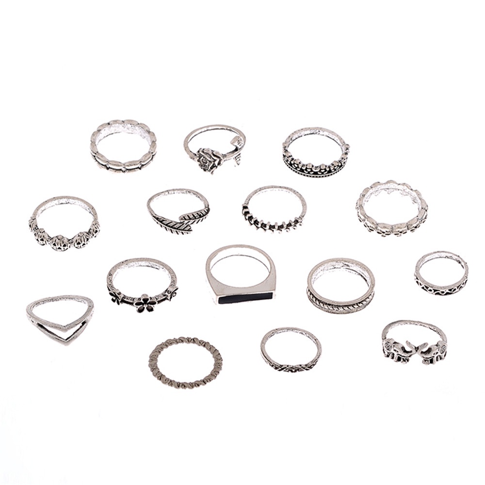 15pcs / set Cincin Bentuk Gajah Bunga Tengkorak Geometris Bahan Logam Gaya Retro Untuk Wanita