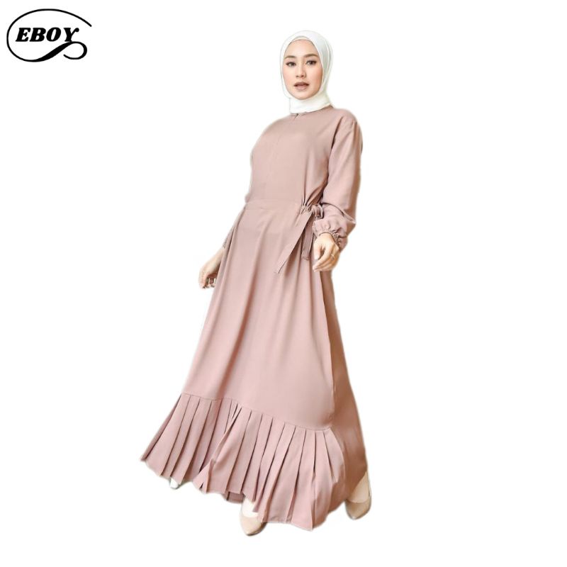 Dress Muslim Eliska Maxi Polos Rempel Lengan Balon Premium Crepe