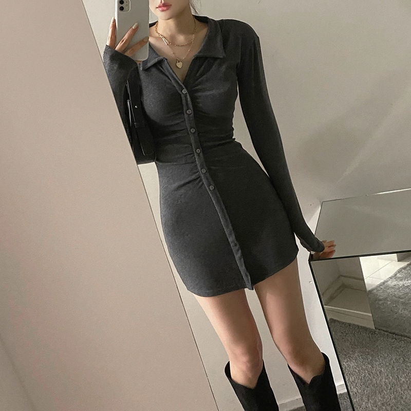 Suhao Versi Korea dari Pure Color Slim Fit Polo Neck Shirring Wrap Hip Rok Lengan Panjang Buckle Dress Musim Gugur/Winter Bottom Spice Girl