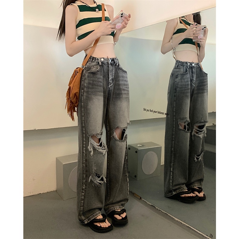 Suhao ripped retro jeans lurus wanita musim panas in high street high waist design sense niche celan