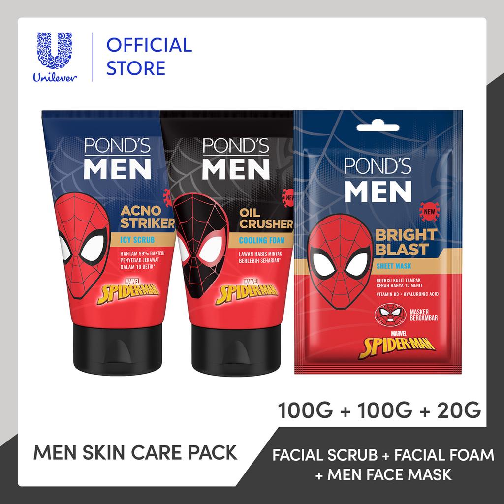 Ponds Men Oil Crusher Foam + Acno Striker Scrub 100g + Bright Blast Sheet Mask Spiderman