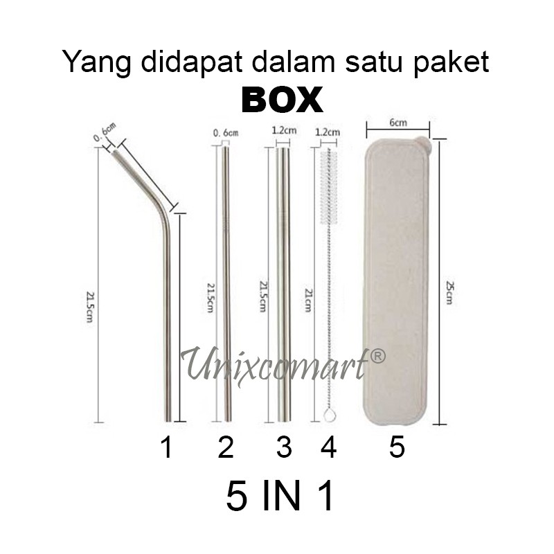 Set Sedotan Stainless Steel Straw Reusable 5 in 1 ( 3 sedotan 1 sikat 1 box atau Pouch )