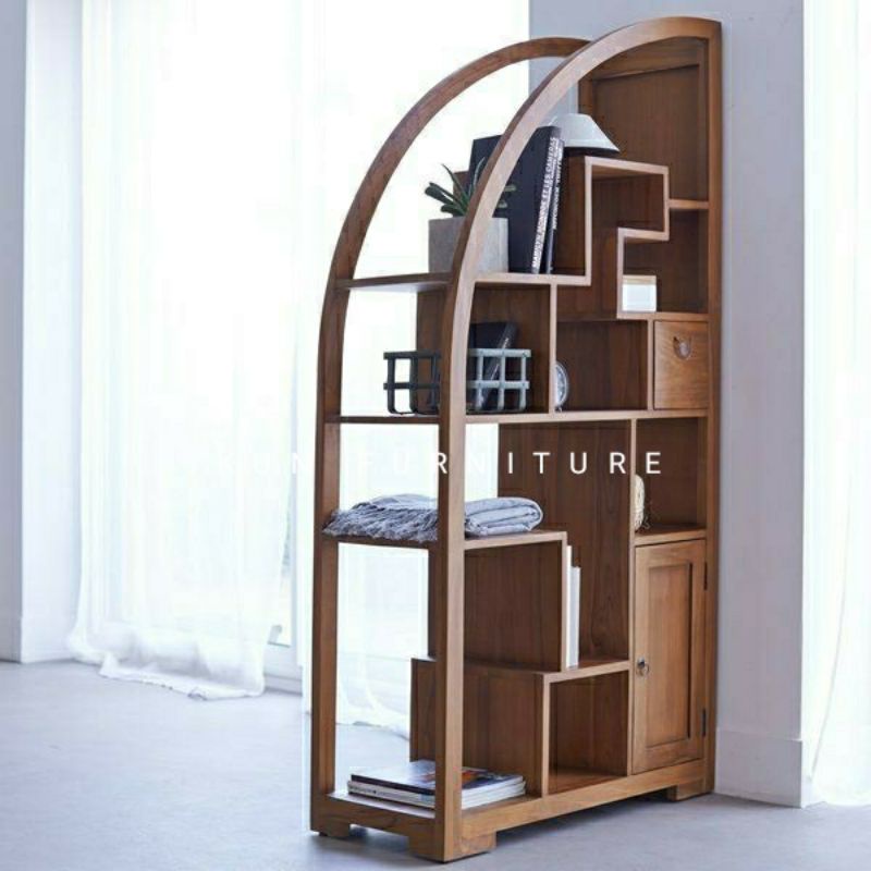 rak buku minimalis kayu jati penyekat ruangan minimalis modern