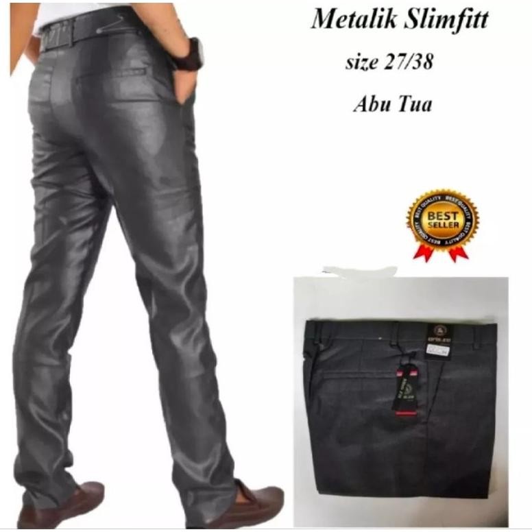 Mickonova Celana Formal Pria Metallic Mengkilat Trend Clana Slim Fit Bahan Import Fashion Pria Mengkilap