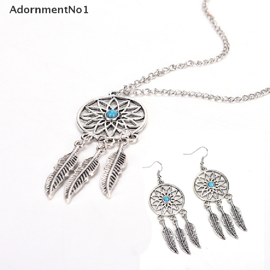 (AdornmentNo1) Set Kalung + Anting Gantung Panjang Kait Gaya Bohemia Motif Dreamcatcher + Daun + Bulu Untuk Wanita