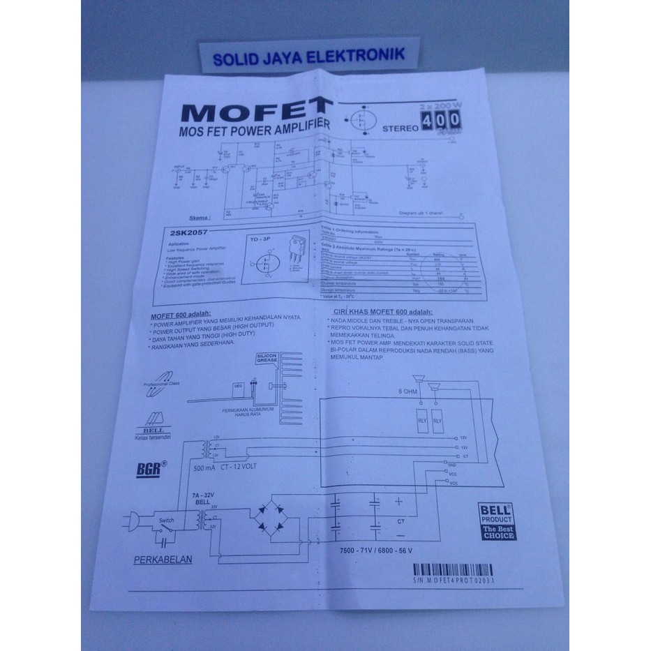 KIT POWER MOFET 400W STEREO TRANSISTOR FINAL ASLI 2X200 WATT 400 W PLUS PROTEKTOR BELL BGR ORIGINAL