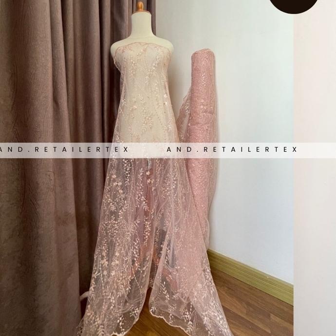 Model baru - Kain Brokat Tile Akar Mutiara Glitter Mahogany  Series Warna Peach Salmon 국