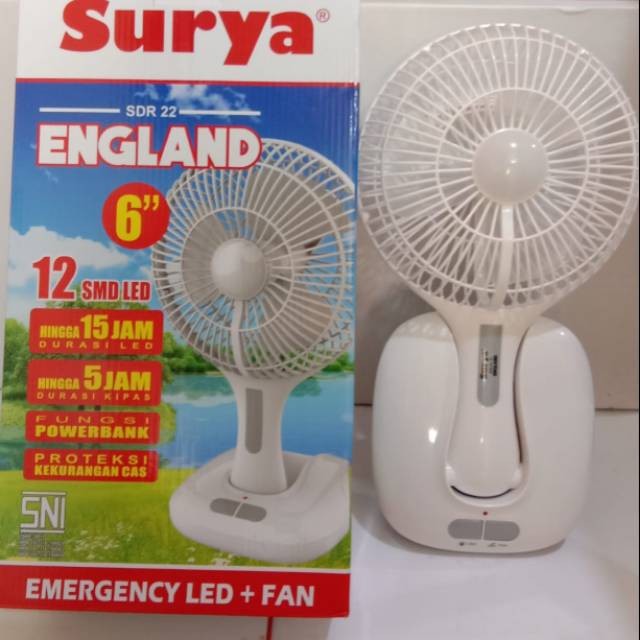 KIPAS ANGIN EMERGENCY 6inch SURYA ENGLAND KIPAS ANGIN LAMPU 12 SMD LED