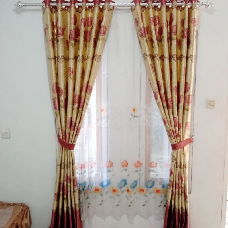 gorden blackout bunga print mas merah coklat hijau gold ungu