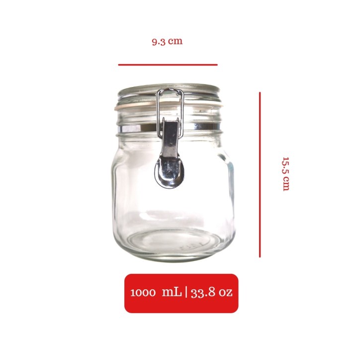 Makanan-Toples- Hermetico Jar 1000 Ml (1 Liter) | Toples Kaca Tutup Kait | Jar Cantik -Toples-