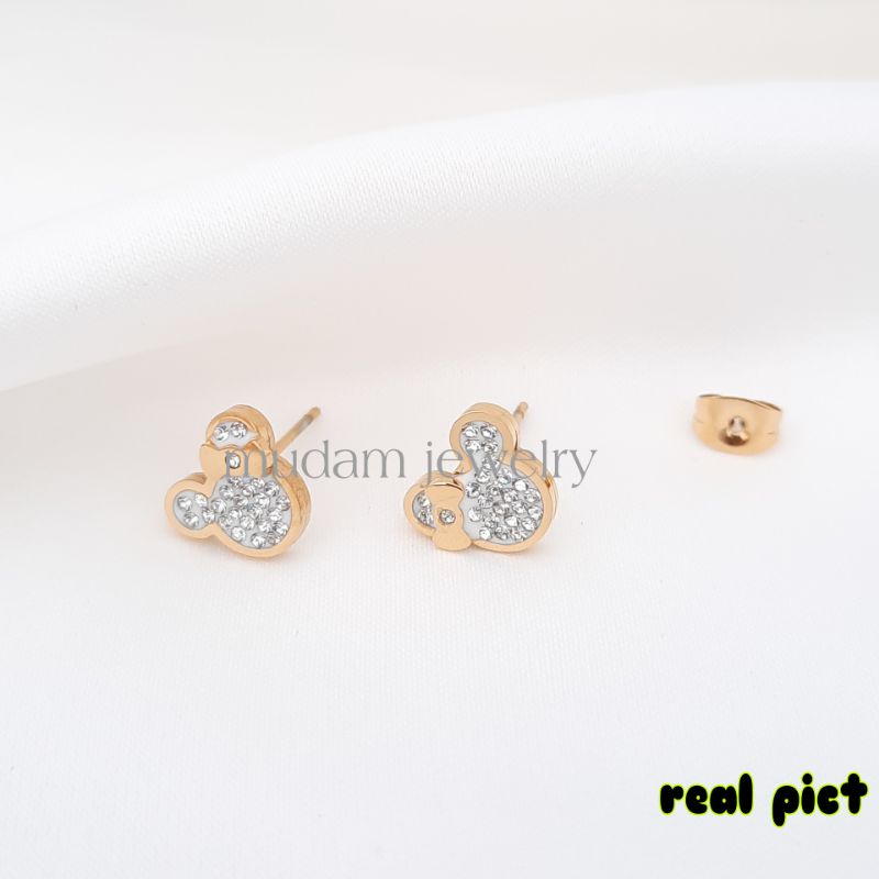 Anting Tusuk Ukuran 1cm x 1cm Minnie Dengan Taburan Diamonds Artifisial Tersedia Warna Rose Gold dan Gold