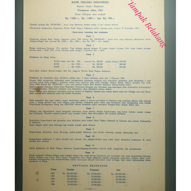 

Terlaris ✨ - Obligasi BNI Rp 1000 Tahun 1963 bersegel materai 6 rupiah lama jadul antik Bank Negara Indonesia dokumen surat pinjaman tarif unjuk 1.0003.1.23