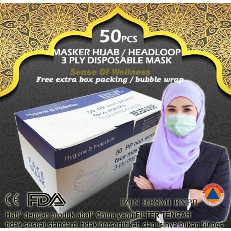 Masker Hijab 3Ply Headloop Bedah Medis 3ply Disposable Surgical Mask