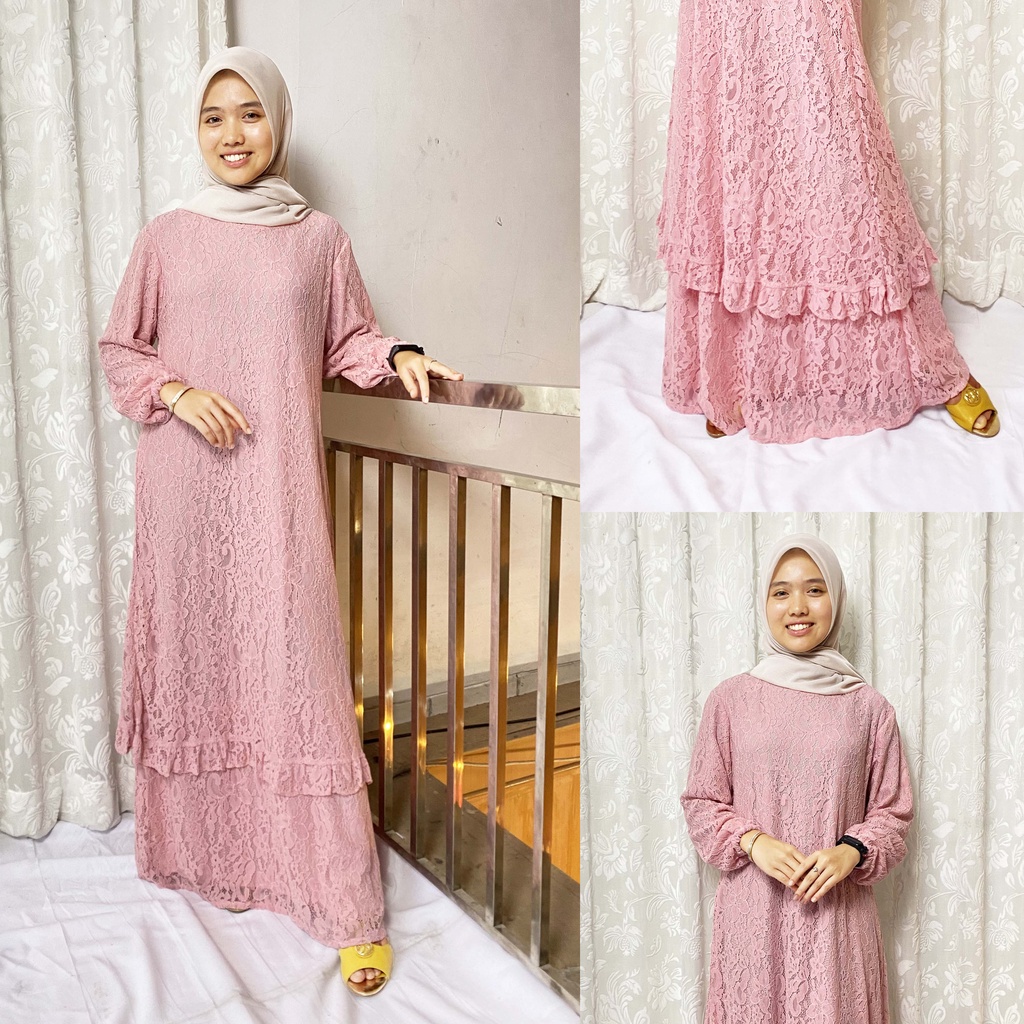 Dress Pesta Gamis Kondangan Brokat Import Brukat Korea Premium Pink