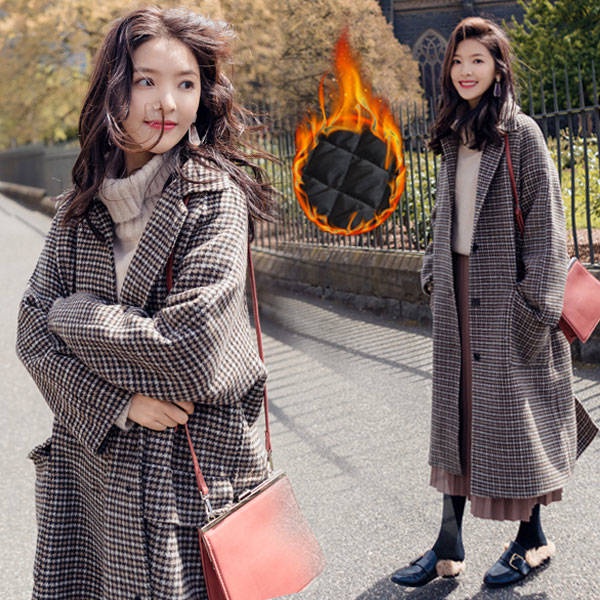 Winter Women Padded Plaid Woolen Coat Female Long Houndstooth Wool Coat manteau long en laine casaco