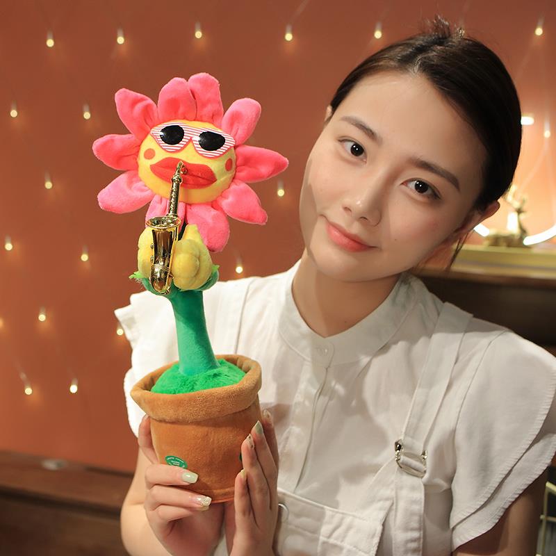 Ready✅Dancing Sunflower USB Singing Talking Repeating Recording Glowing Saxophone Soft Plush Flower Toy 120 Songs Musical Funny Gift