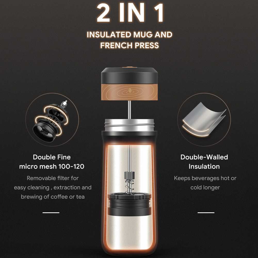 TD - DPR iCafilas Travel Mug Portable French Press Coffee Maker 320ml - F222-BK