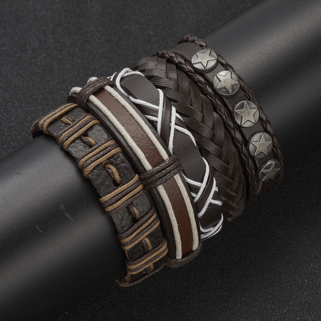 Men's Multilayer Braided Bracelet Feather Dot Cross Wrap Bracelet Leather Combination Bracelet Set