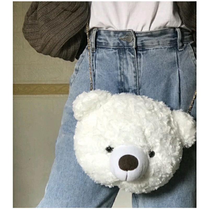 Tas SLempang  Tedy bear slingbag bulu bulu kepala beruang lucu terbaru