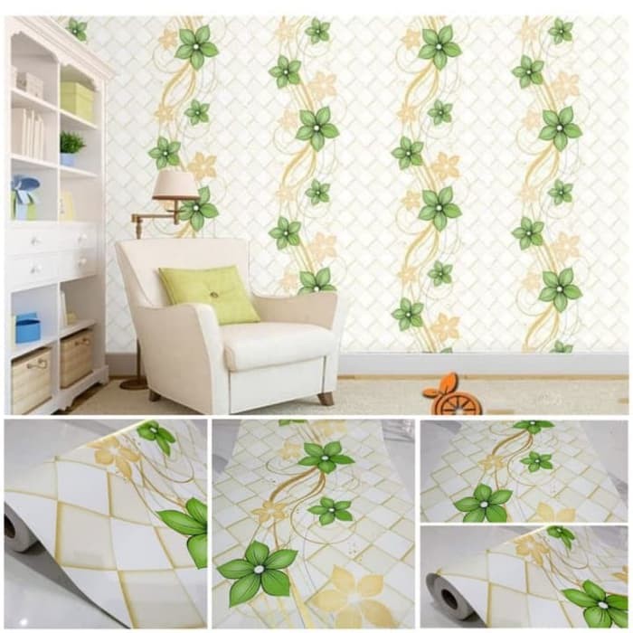 Wallpaper Dinding Motif Bunga Hijau Gold Kotak